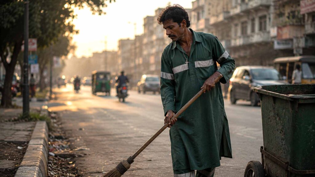 Pakistani Christian municipal sanitation worker sweeping a city street