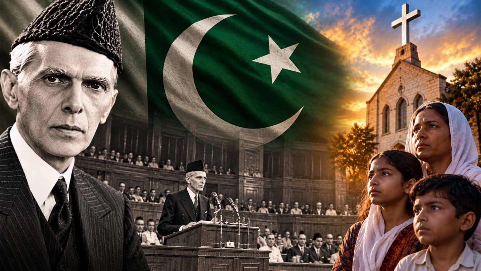 Muhammad Ali Jinnah and a symbolic representation of Christians in Pakistan, illustrating religious freedom and equal citizenship.