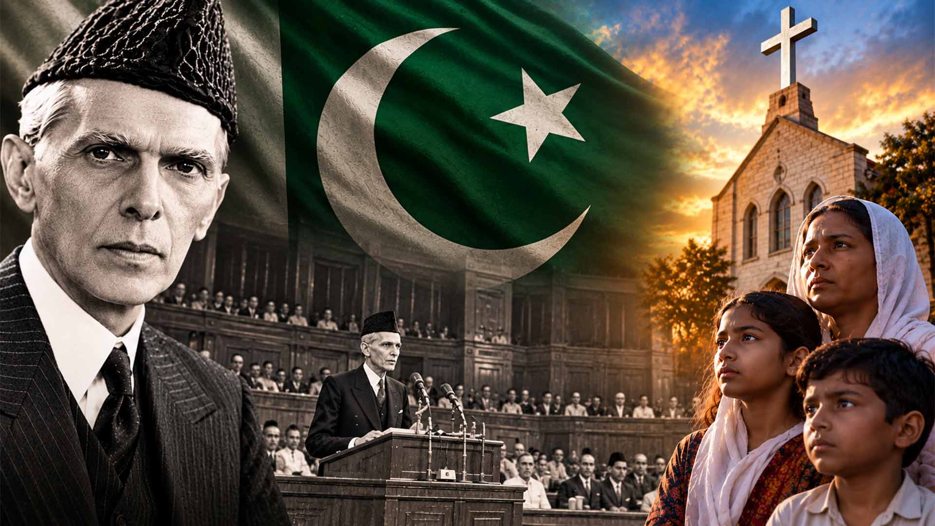 Muhammad Ali Jinnah and a symbolic representation of Christians in Pakistan, illustrating religious freedom and equal citizenship.